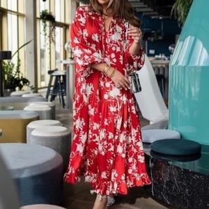 H&M Johanna Ortiz long floral dress red white maxi voluminous satin boho print
